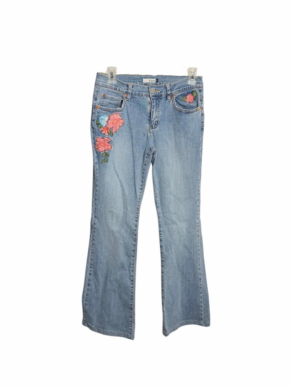 Y2k Light Blue Floral Embroidered Flare Denim Jeans Tint 4